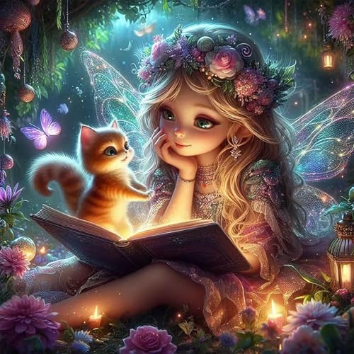 Cuadro de Diamantes 5D Hada con Gatito – Kit Diamond Painting Completo para Adultos y Niños, Pintura con Diamantes DIY, Decoración de Pared para Hogar Dormitorio, Regalo Creativo Arte 30x30cm