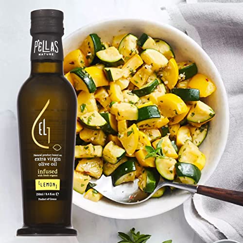 Pellas Nature, Fresh Organic Lemon Infused Greek Extra Virgin Olive Oil, Gold Award Winner, Kosher K, 250 Ml Dark Bottle #TOP1