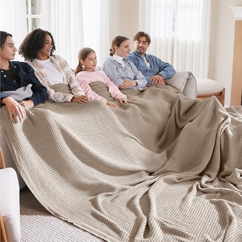 Image of Bedsure 100% Cotton Big Blanket Oversized King for Bed - Large Breathable Thick Cooling Waffle Weave Blanket for Summer, Couch Cover, Taupe, 120x94 inches