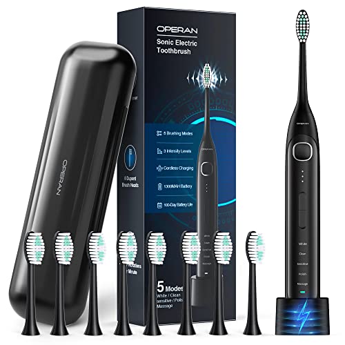 Operan Electric Toothbrush For Adults And Kids Sonic Rechargeable Toothbrush With 5 Modes 2-Min Smart Timer Ipx7 Waterproof 40,000 Vpm Motor With 8 Brush Heads & Travel Case Black #TOP7
