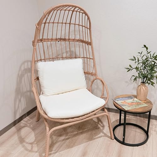 DWVO Narrow Egg Chair Wicker, Patio Rattan Basket Chair with 370lbs Capacity Outdoor Indoor Egg Chairs with Stand & Cushion Cocoon for Bedroom, Patio, Balcony, Beige