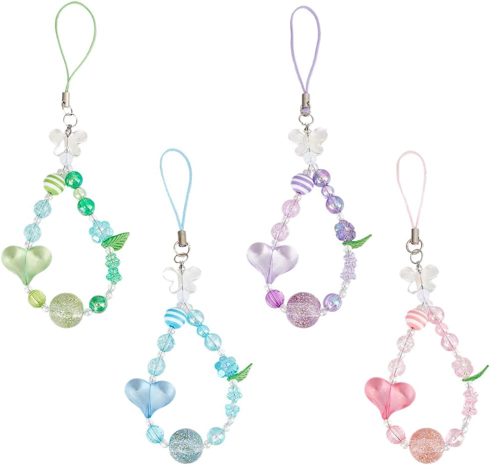 4pcs Cute Beaded Phone Charm Flower Heart Beaded Phone Strap Acrylic Butterfly Beaded Strap Phone Lanyard Wrist Strap Beaded Phone Keychain Charm for Phone Bag Airpods Camera Pendants