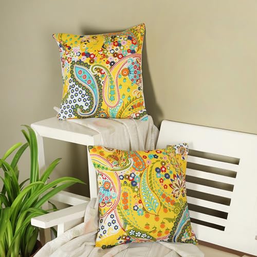 Image of Cushion Cover 24 inch x 24 inch Set of 5 Cotton Paisley Yellow Large Size Sofa Pillow Cushion Covers 60x60 cm for Boho Home Decor Traditional Print Big Size (Only Covers)