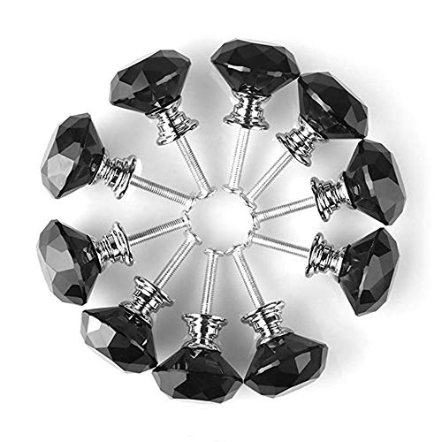 (10 piezas) Pomo de Cristal Forma de Diamante,con Tornillo Perillas Manijas， Tirador de pomo de cajón para Armario Cajón Aparador Cocina（negro）