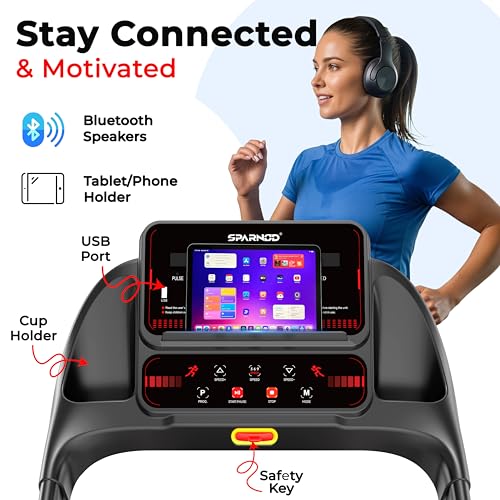 Image of Sparnod Fitness STH-1140 Treadmill for Home Use, 4 HP Peak Motor, 1-14 km /h Speed, Foldable with Bluetooth Speaker & Multi-LED Display, Manual Incline, 12 Preset Programs, Max User Weight 90 kg