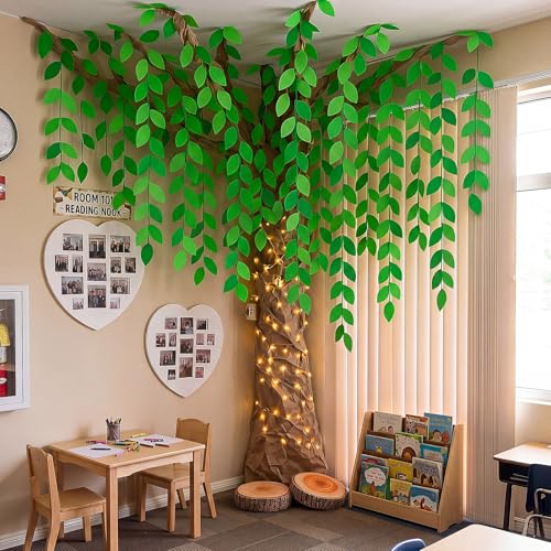 Crtiin 3D Lighted DIY Tree Decor for Classroom Bulletin Board Set Cardboard Paper Tree Craft 24 Green Felt Leaf Vines 98 ft Brown Kraft Paper Artificial Rainforest Decor for Back to School Classroom