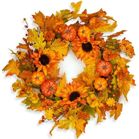 HomeKaren Fall Wreath 22 inch for Front Door with Pumpkins Cover