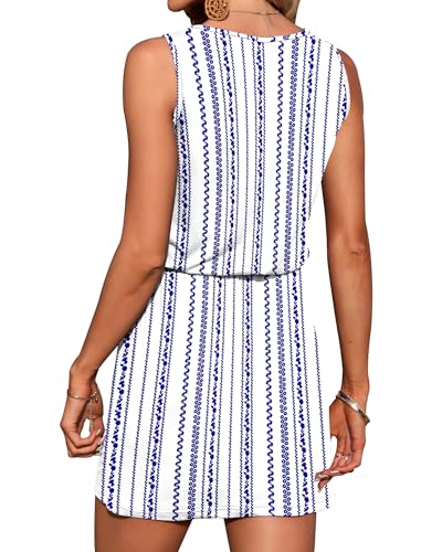 Image of AUSELILY Womens Summer Sleeveless V-Neck Drawstring Waist Beach Cover up Mini Short Swing Dresses with Pockets