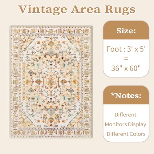 SERISSA Area Rug 3x5 Boho Light Yellow Rugs for Bedroom, Washable Non-Slip Kitchen Rugs, Ultra Soft Print Distressed Entry Rug Low-Pile Throw Rug Carpet for Bedroom Nursery Living Room Dorm Decor