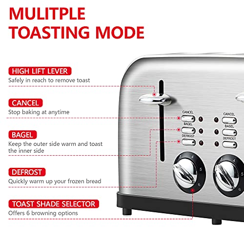4 Slice Toaster, REDMOND Toaster 4 Stainless Steel Retro Bagel Toaster