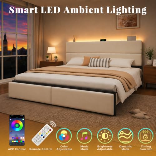 Image of Queen Bed Frame with 2 Storage Drawers, Beige Velvet Upholstered | Platform Bed with Charging Ledge, LED Headboard Lighting, Metal Support, Noise Free, No Box Spring Needed, Easy Assembly