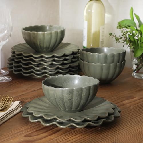 Image of Gibson Elite Bistro Fleur Plates and Bowls Sets, 12-Piece Stoneware Dinnerware Set for 4, Matte Green Scalloped Dish Set with Dinner Plates, Salad Plates & Bowls