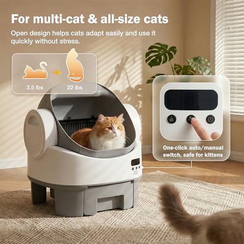 WARCAT Self-Cleaning Cat Litter Box, Open-Top Automatic Litter Box with Child Lock, 10L Large Capacity Waste Drawer, No APP Required, Includes Garbage Bags & Cleaning Mat (Gray & White) - Image 5