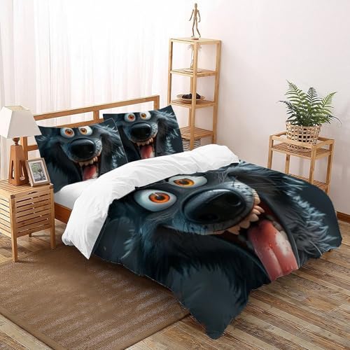 Housse de couette loup imprimé 3D relief parure de lit animaux super king - 2
