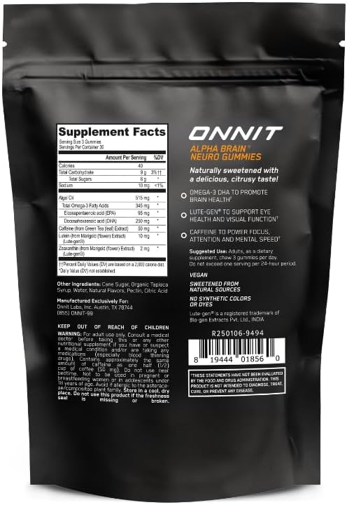 ONNIT Alpha Brain Neuro Focus Gummies - Vegan Gummies with Omega-3s, Lutein, Zeaxanthin & Caffeine - Brain, Eye & Focus Supplement for Men & Women†, Citrus Punch Flavor, 90 Count image 2 of 11 B0DT7JPZ91