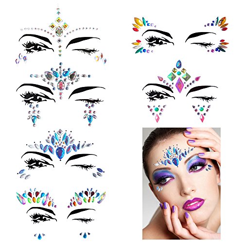Fanme Face Gem Stickers Eyes Rhinestone Jewels Tattoo Mermaid Glitter Bindi Acrylic Crystal Body Jewelry Temporary Tattoo Fancy Makeup for Music Rave Festival Party Carnival 6 Pack (Pattern 2)
