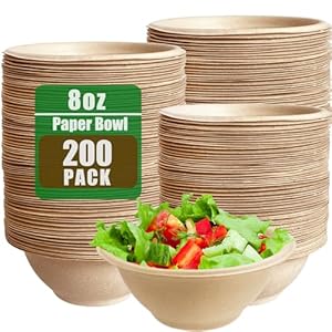 200 Pack Compostable Natural Paper Bowls,8 oz Disposable Paper Bowls,Eco-Friendly Sugarcane Bowls,Heavy Duty Small Bagasse Bowls for Salad,Snack,Soup,Party Serving Treats