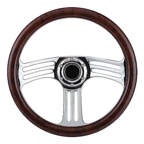 Ejoyous Volante de Madera Oscura de 14 Pulgadas, Estilo Vintage Cromado de 3 Radios para Modificación de Carreras