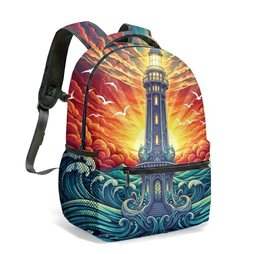 Mochila Lighthouse Waves de 40,6 cm com estampa de céu estrelado náutico e bússola de gaivota, bolsa de arte gráfica marítima, 02, G