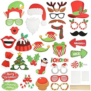 HONMOK 60 Pieces Christmas Props for Photobooth, Christmas Photo Props, Xmas DIY Funny Selfie Props, Merry Chiristmas Photobooth Party Props Accessories for Adults Kids