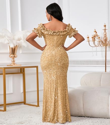 Image of dasmzper Women Sexy Sequin Off Shoulder Ruffle Short Sleeve Bodycon Mermaid Party Formal Evening Maxi Dress