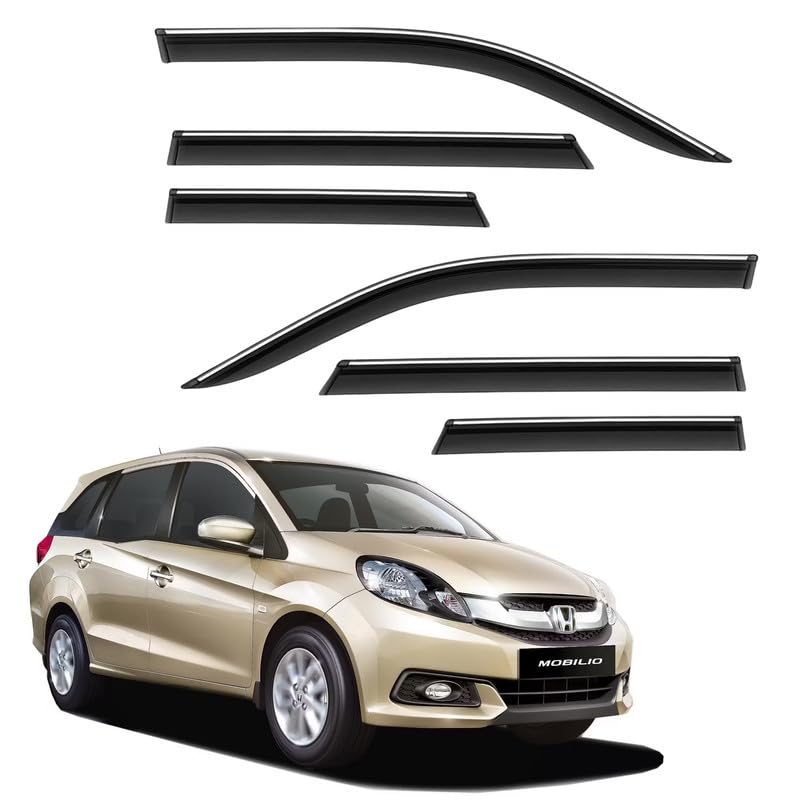 Image of CAR SAAZ Side Door Visors for Mobilio (2014-2017)(Set of 6Pcs)|Chrome Lined Rain Guards, Polycarbonate, Smoke Finish