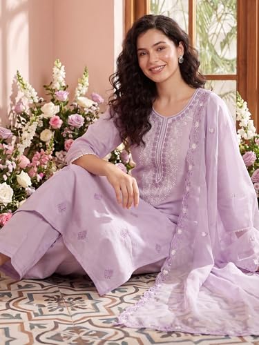 Image of INDO ERA Women's Silk Blend Embroidered Thread Work Kurta & Pant with Dupatta Set | Suit Set For Women