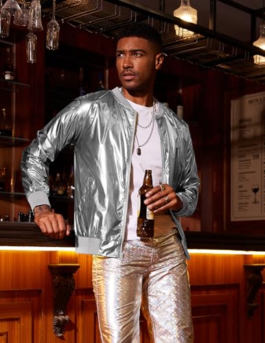COOFANDY Men's Metallic Jacket 70s Disco Party Varsity Jacket Zip-up Baseball Bomber2