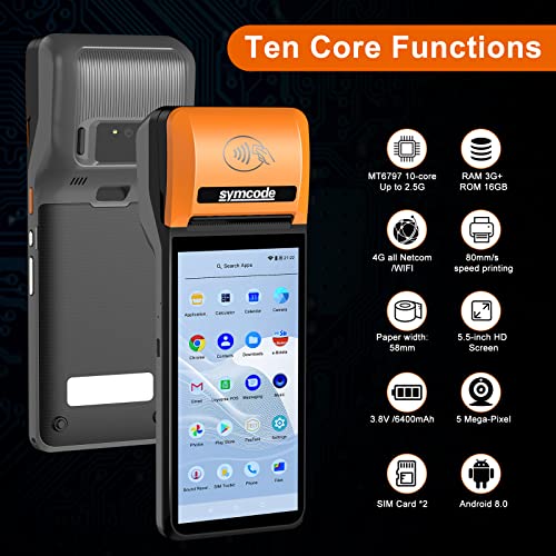 Image of symcode POS PDA Printer Mobile Terminal 5.99 inch Touch Screen | Thermal Receipt Printer, Android 8.1 OS, 4G WiFi Bluetooth, NFC Support, High Resolution Display