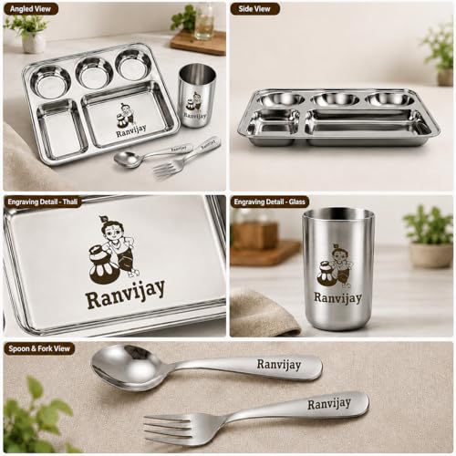 Image of Savri Personalized Printed Stainless Steel Five Compartment Rectangular Dinner /Pav Bhaji Plate With Spoon & Fork With Name & Design Engraved.Best For Return Gift, Schools (5 Compartments)