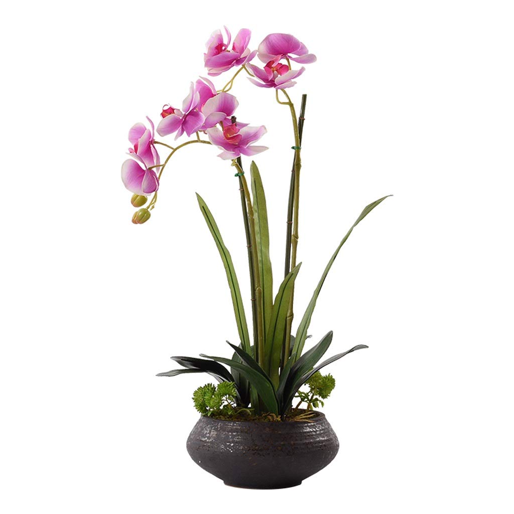 Flores artificiales con jarrón de cerámica y ramos de orquídeas rosas para decoración