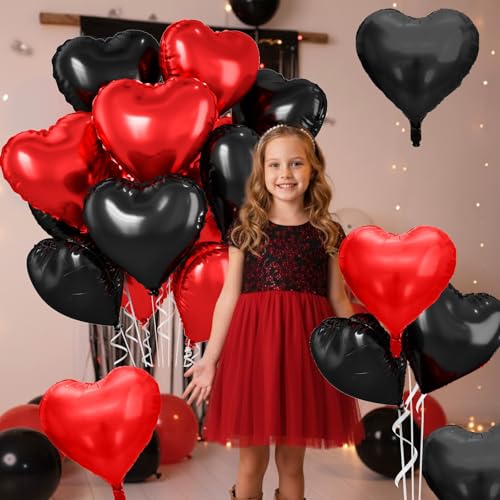 Image of Red Black Heart Balloons, 10 Pcs Metallic Heart Shaped Balloon, 18 Inch Red and Black Foil Balloons Helium for Engagement Brithday Bridal Baby Shower Wedding Engagement Valentines Party Decorations