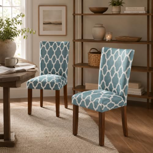 Image of HomePop Parsons Classic Upholstered Accent Dining Chair, Set of 2, Teal and Cream Geometric