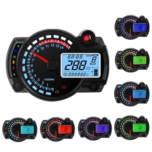 Geloo Compteur de vitesse universel pour moto 7 couleurs, 14000 tr/min écran LCD numérique RX2N Odomètre Compteur de vitesse Instrument réglable Odomètre...