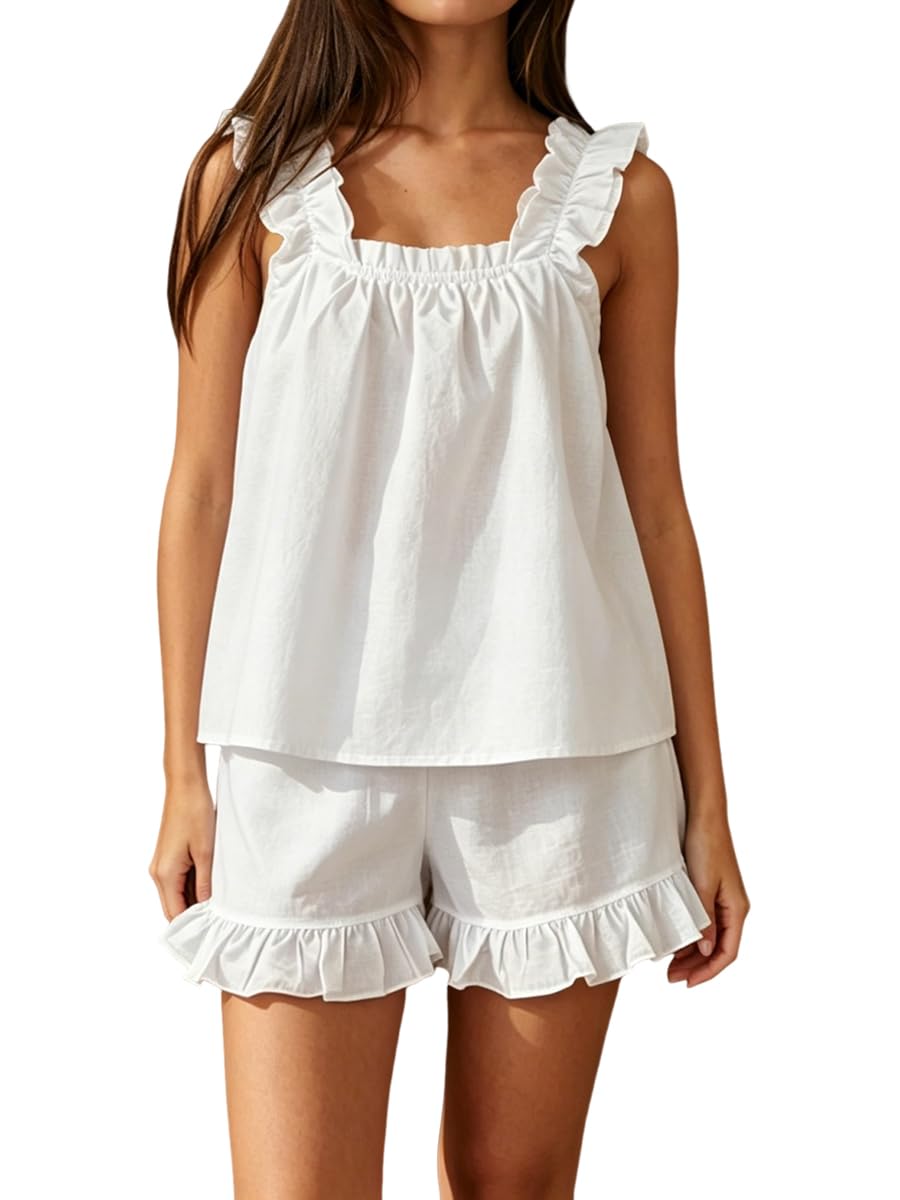 Women's Summer Pajama Set Cotton Ruffle Loungewear Sets | 2 Piece Outfits for Women, Lightweight Breathable Cotton, Relaxed Fit, for Bridesmaid, Party, Vacation &amp; Daily Wear, S-XXL