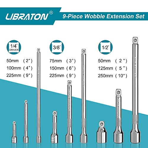 Libraton Wobble Extension Set 1/4'' 3/8'' 1/2'', Wobble Socket Extension, Extension Set, Wobble Socket Extension Set, Drive Socket Extension Bars 9Pcs (Cr-V) With Chrome Plated In Eva Storage Tray #TOP1