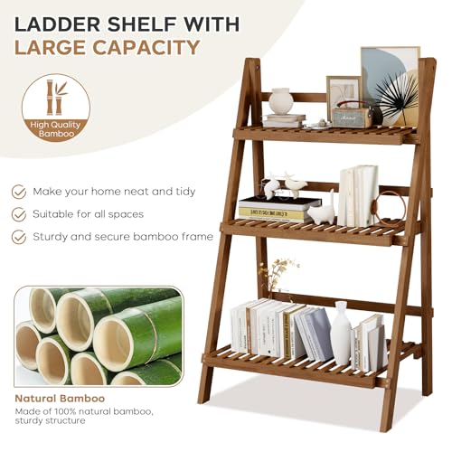 Image of 39.4 inch Bamboo Ladder Shelf Plant Shelf, 3 Tier Foldable Ladder Flower Pot Display Shelf Rack, 23.6 inchW x 15 inchD x 39.4 inchH, Freestanding Bookshelf for Garden, Balcony, Yard, Patio, Lawn, Living Room, Walnut