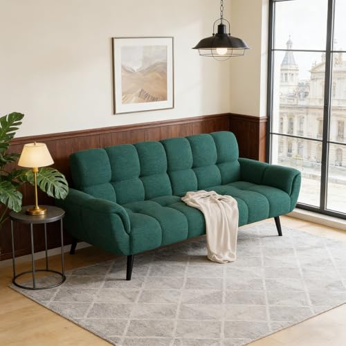JIEXI Sofá cama futón, sofá cama moderno de lino de 195 cm con respaldos ajustables, amarillo, sofá convertible 4 en 1 para sala de estar, dormitorio (verde, 195 cm)