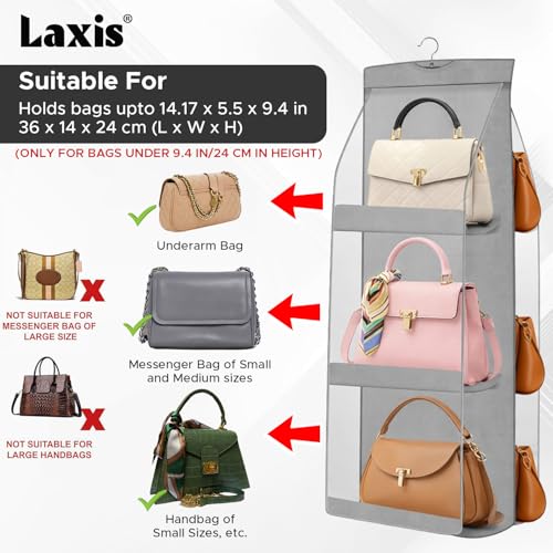 Image of LAXIS 3 Pockets Handbag Organizer for Closet, Purse Organizer Hanging Closet, Bag Organizer Purse Organizer, Handbag Organizer for Wardrobe, Hanging Bag Storage Organizer Holder (Grey)