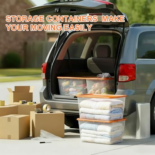 Image of SIMPLYKLEEN Storage Totes with Lids - Made in USA 14.5-Gallon (58-Quart) 4-Pack Orange Storage Bins with Lids Plastic Storage Containers Large Storage Boxes for Organizer Orange /Clear