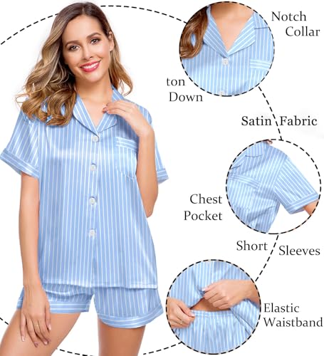 Image of LecGee Womens Silk Satin Pajamas Short Sleeve Loungewear Two-Piece Sleepwear Button-Down Pj Set