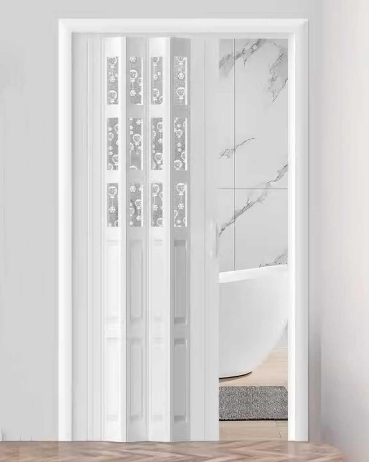 Puerta plegable interior de PVC con ventana acrílica y asa, puerta corredera blanca para cuarto de baño