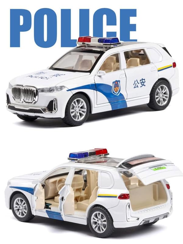 Image of Kids Model 1:32 Police Die Cast Metal Car Pull Back Action Opening Doors with Realistic Engine Sound Lights Toy Car Gift for Boys - White