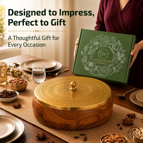 Image of Acacia Wood Masala Dabba with Brass-Finish Lid & 7 Stainless Steel Spice Containers + Spoon | Anjarai Petti Style Wooden Spice Box for Kitchen | Gifting Masala Box