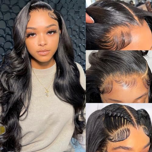 13x6 Lace Front Wigs Human Hair 180% Density Body Wave Glueless Lace Frontal Wig Transparent HD Lace Front Wig for Black Women Pre Plucked with Baby Hair(22 Inch,Natural Color)