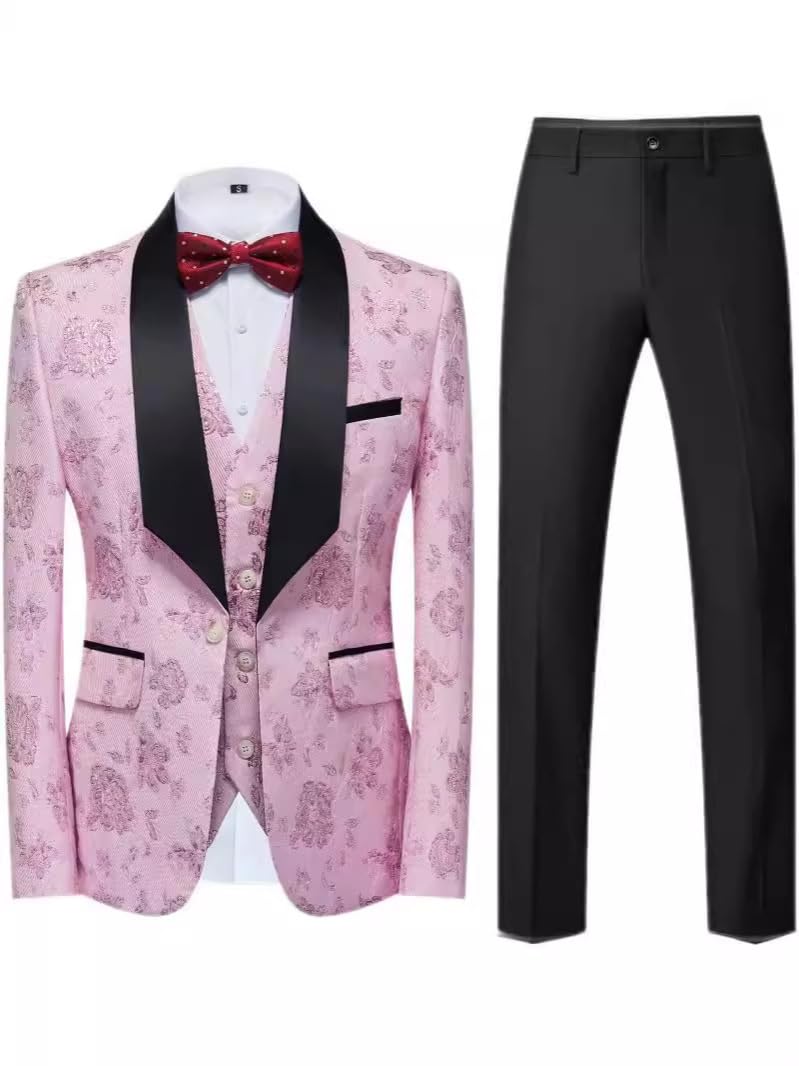 Męski 3-częściowy komplet garnituru Slim Fit z kołnierzem szalowym, żakardowa kamizelka i spodnie na wesele i do biznesu