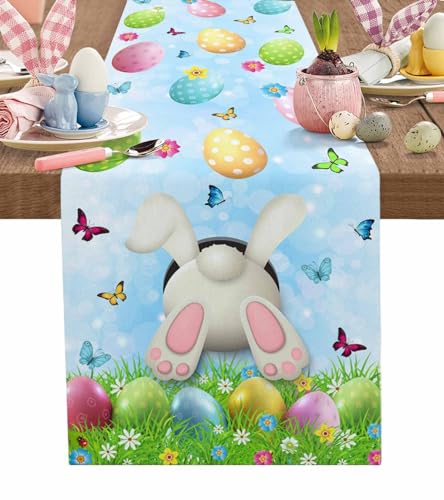 Easter Table Runner, 72 Inches Long, Funny Rabbit Spring Eggs Cotton Linens Holiday Table Decor