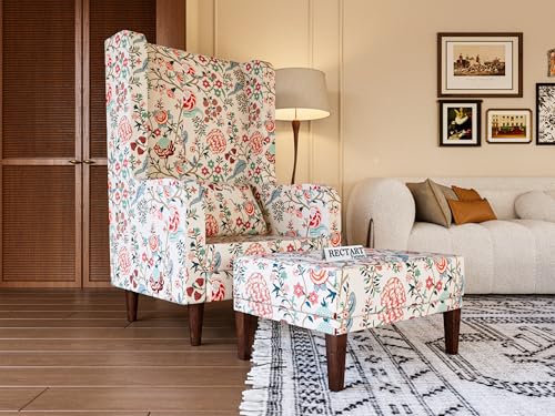 Image of WELL KNOWN Wooden Wing ARM Chair | Wingback Chair for Living Room One Seater Sofa | Luxury Rest Chair- 1 Seater High Density Foam, Seating and Home Decor Furniture with Ottoman, White