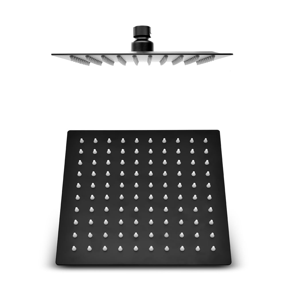 Set doccia a incasso completo nero opaco con deviatore, soffione quadrato 25 cm e kit doccia completo con presa acqua e laccio, KUBO