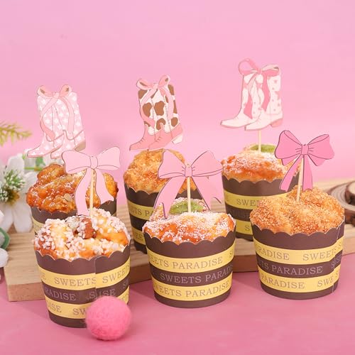Image of Cowgirl Boots Pink Bow Cupcake Topper,Cowgirl Theme Birthday Decorations | Cowgirl Birthday Party Decor,Boy Or Girl Gender Reveal Cake Topper